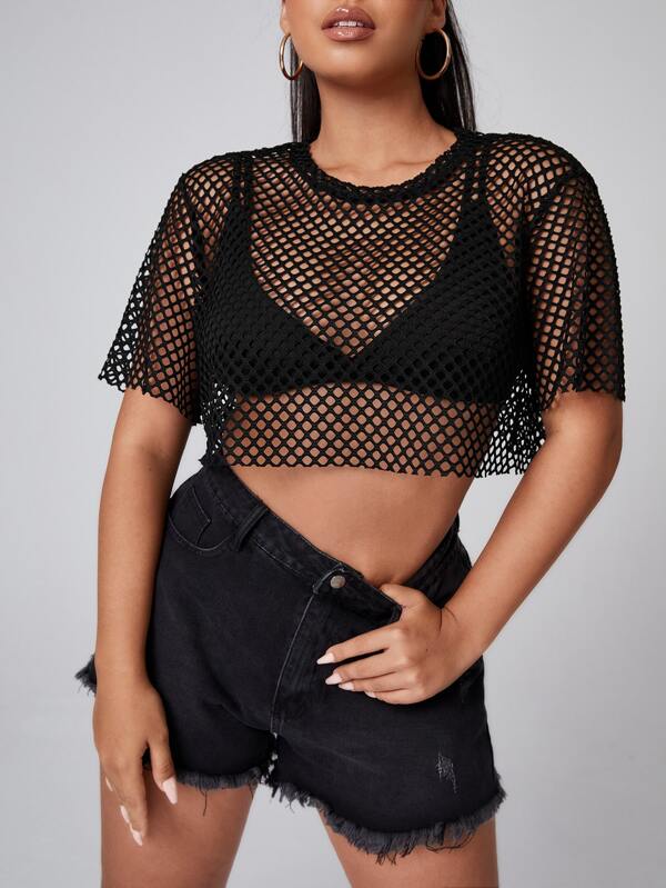 SHEIN SXY Fischnetz Mesh Crop Top ohne Bra