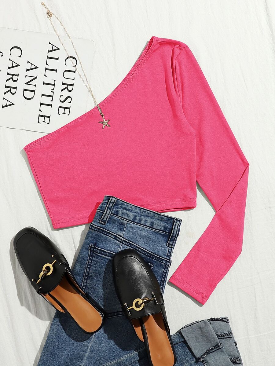 SHEIN Essnce Camiseta corta de un hombro - Rosa Fucsia - Ver 1