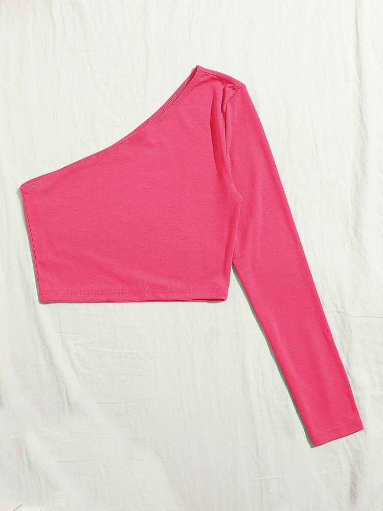 SHEIN Essnce One Shoulder Crop Tee - Hot Pink - View 5