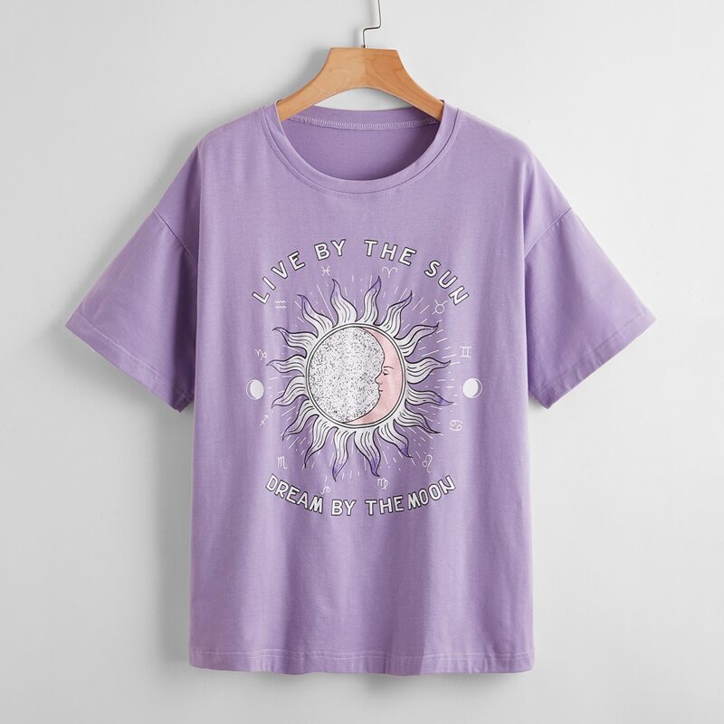 

Letter Sun & Moon Graphic Oversized Tee, Lilac purple