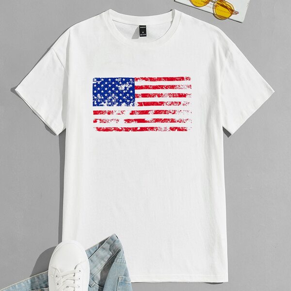 

Men American Flag Print Tee, White