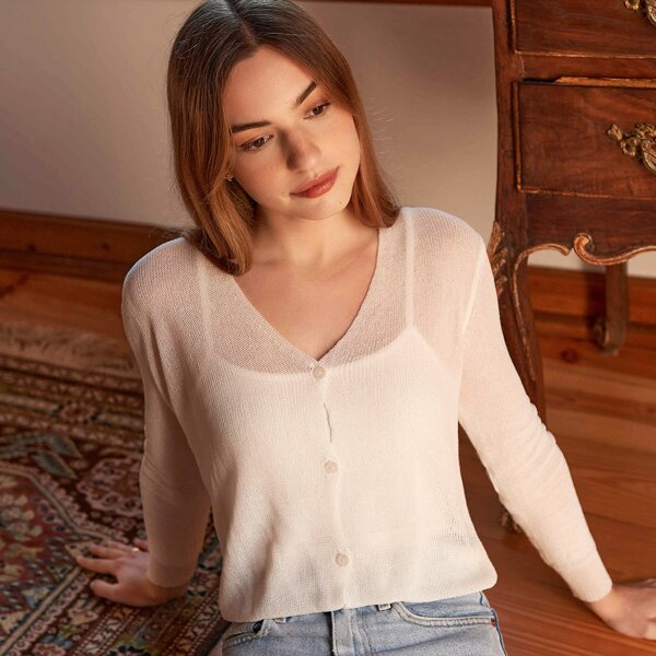 

Sheer V Neck Cardigan, Beige