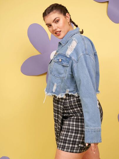 Plus Flap Pocket Ripped Raw Hem Denim Jacket