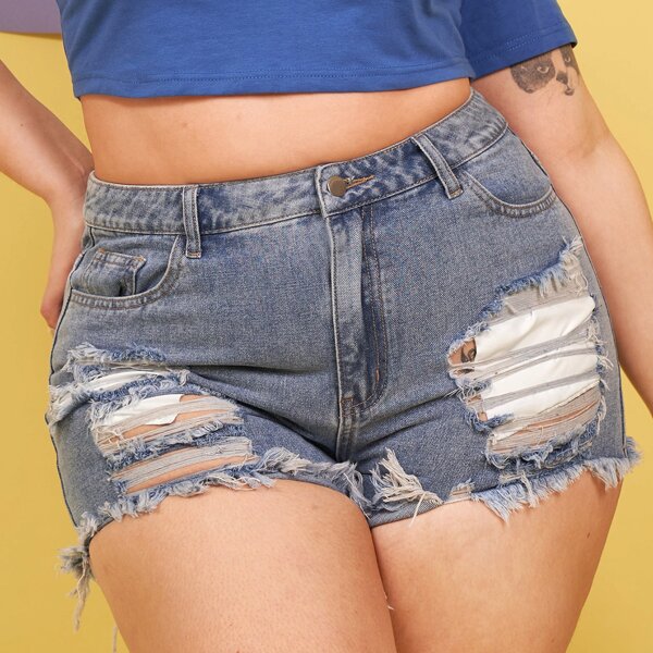 

Plus High Waist Ripped Raw Hem Denim Shorts, Light wash
