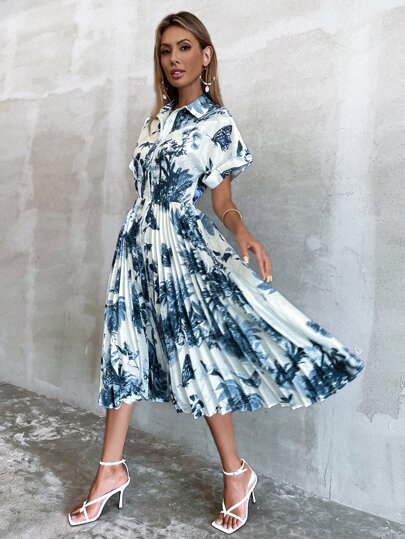 فستان قميص بحافة مثني وبأزرار امامي بطباعة نباتات بدون حزام