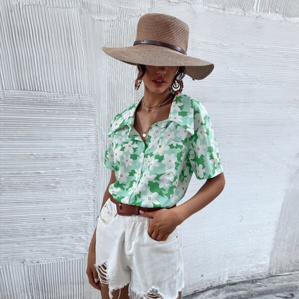

Allover Floral Print Button Front Blouse, Multicolor