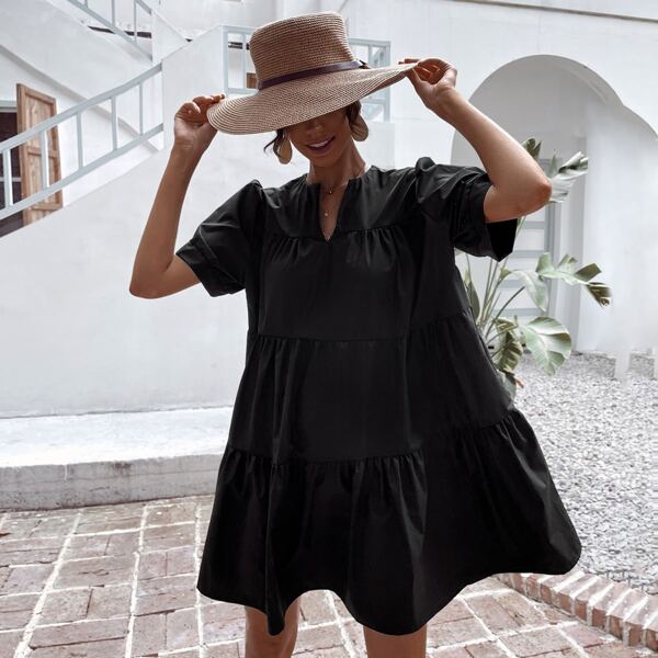 

Notched Neck Puff Sleeve Smock Dress, Black