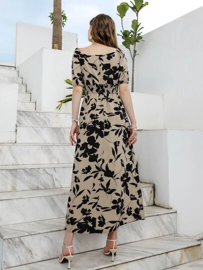 オールオーバー花柄 シャーリングウエスト ドレス