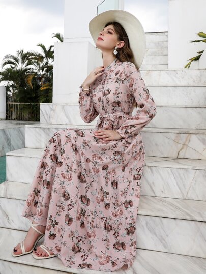 Allover Floral Print Ruffle Hem Belted Shirt Dress