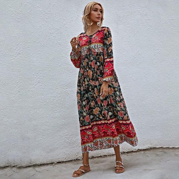 

Allover Floral Print Tie Neck Bishop Sleeve Smock Dress, Multicolor