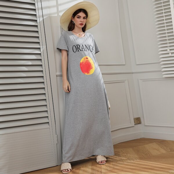 

Orange Print Raglan Sleeve Pajama Dress, Grey