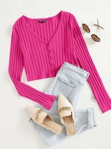 Muchica Top de canalé con botón delantero escote V - Rosa Fucsia - Ver 1