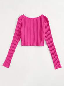 Muchica Top de canalé con botón delantero escote V - Rosa Fucsia - Ver 2