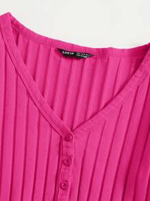 Muchica Top de canalé con botón delantero escote V - Rosa Fucsia - Ver 4