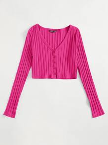 Muchica Top de canalé con botón delantero escote V - Rosa Fucsia - Ver 5
