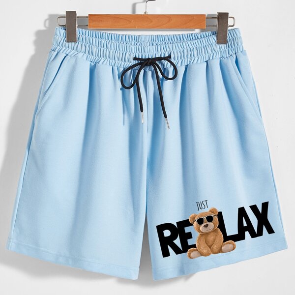 

Men Cartoon Bear & Letter Graphic Shorts, Blue