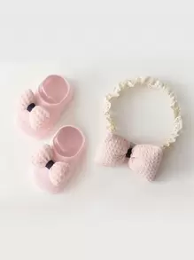 1 Paar Baby Socken mit Schleife Dekor & 1 Stück Haarband - Pink - Übersicht 1