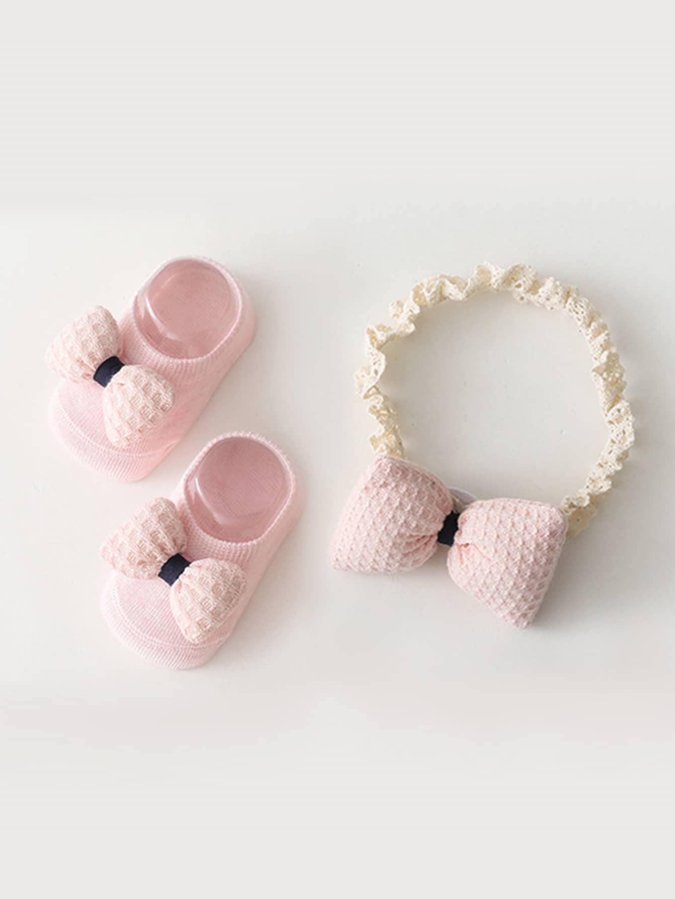 1 Paar Baby Socken mit Schleife Dekor & 1 Stück Haarband - Pink - Übersicht 1