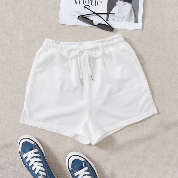 

Drawstring Waist Split Side Track Shorts, White
