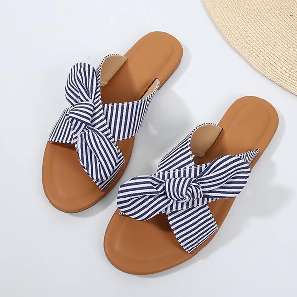 

Striped Pattern Bow Decor Slide Sandals, Blue and white