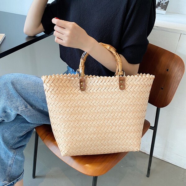 

Braided Design Tote Bag, Khaki