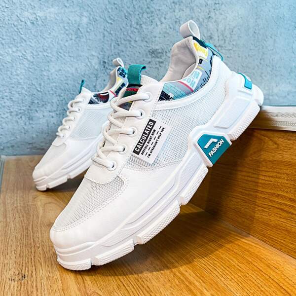 

Men Lace-up Front Mesh Panel Skate Shoes, White