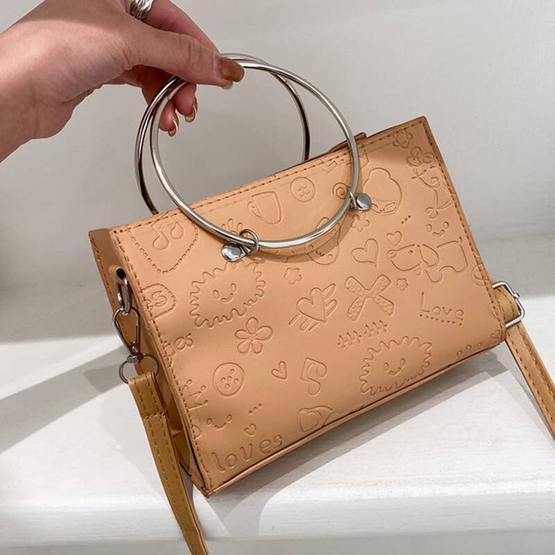 

Metal Ring Handle Satchel Bag, Khaki