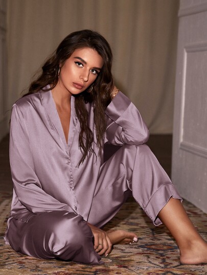 SHEIN Ensemble de pyjama en satin col châle, vêtements d'automne et d'hiver