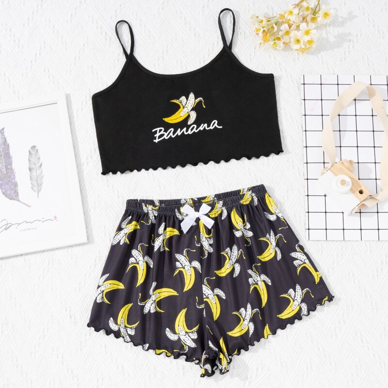 

Letter & Banana Graphic Scallop Trim PJ Set, Multicolor