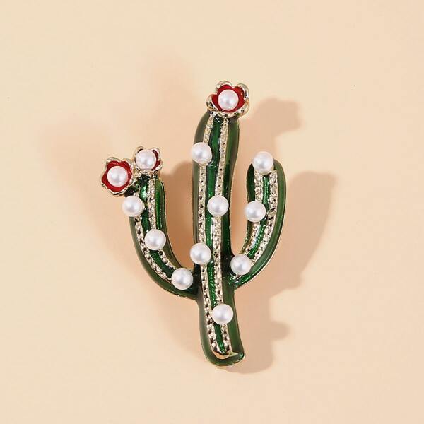 

Faux Pearl Cactus Decor Brooch, Green