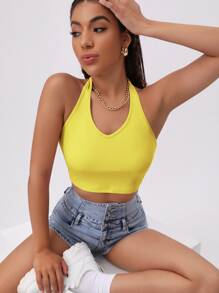 SHEIN Unity Halterneck Solid Rib-knit Crop Top - Yellow - View 1