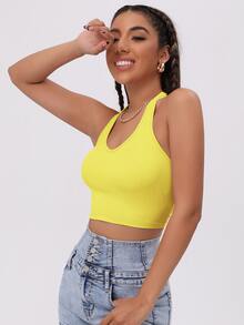 SHEIN Unity Halterneck Solid Rib-knit Crop Top - Yellow - View 4