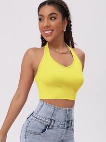 SHEIN Unity Halterneck Solid Rib-knit Crop Top - Yellow - View 5