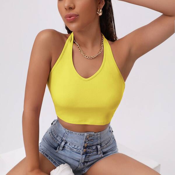 

Halterneck Solid Rib-knit Crop Top, Yellow