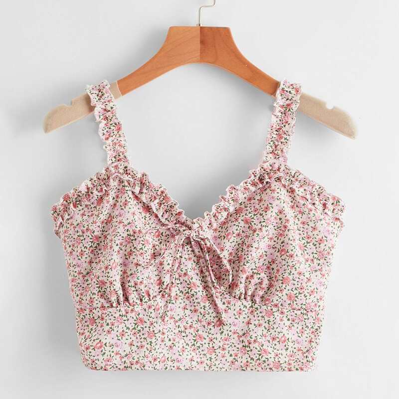 

Ditsy Floral Frill Shirred Crop Top, Pink