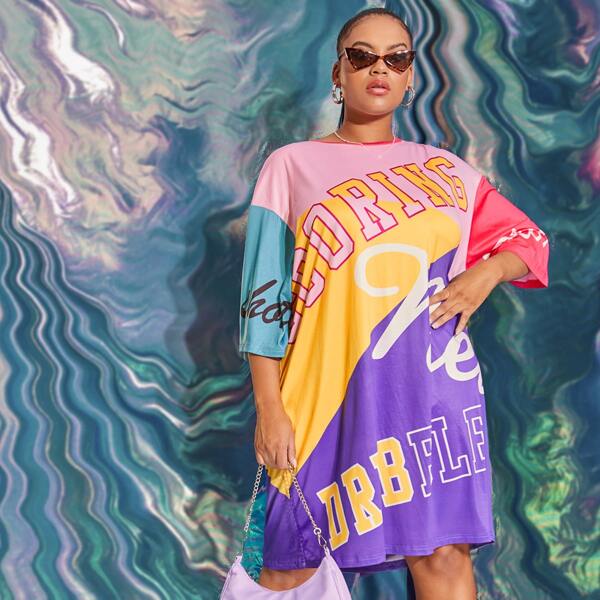 

Plus Letter Graphic Colorblock Tee Dress, Multicolor