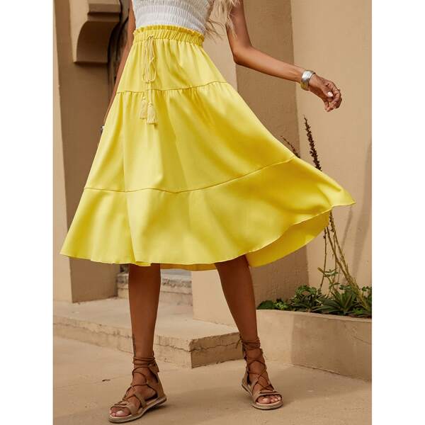 

Tassel Knot Paper Bag Waist Flared Skirt, Yellow