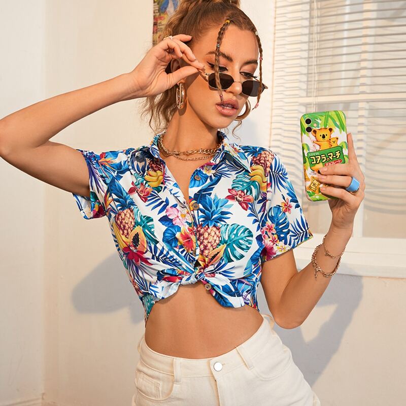 

Fruit and Tropical Print Blouse, Multicolor