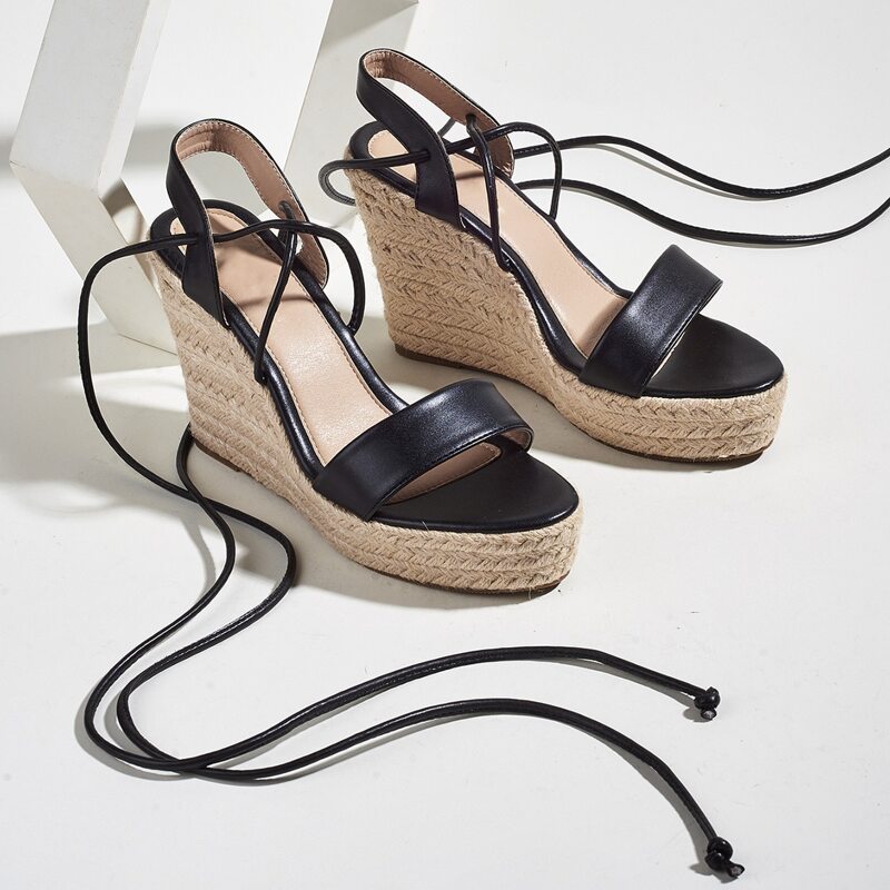 

Minimalist Tie Leg Wedge Sandals, Black