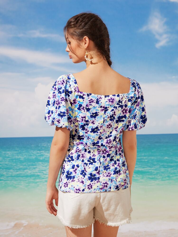 Allover Floral Tie Front Sweetheart Neck Blouse