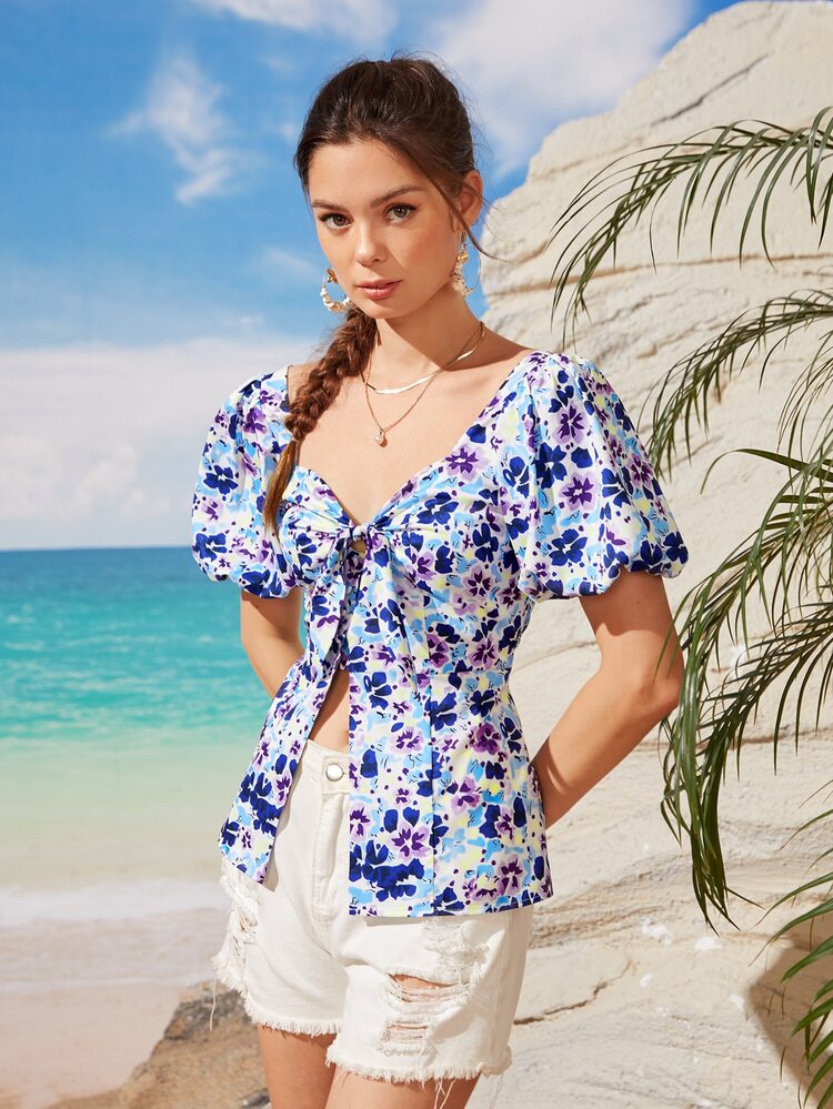 Allover Floral Tie Front Sweetheart Neck Blouse