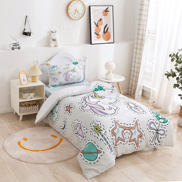 

Unicorn Print Kids Duvet Cover Set Without Filler, Multicolor