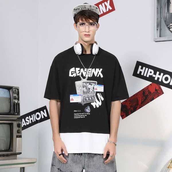 

Men letter & Cartoon Graphic Colorblock Hem Tee, Black