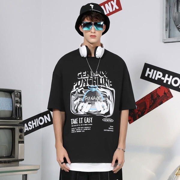 

Men Slogan & Hand Graphic Drop Shoulder Tee, Black