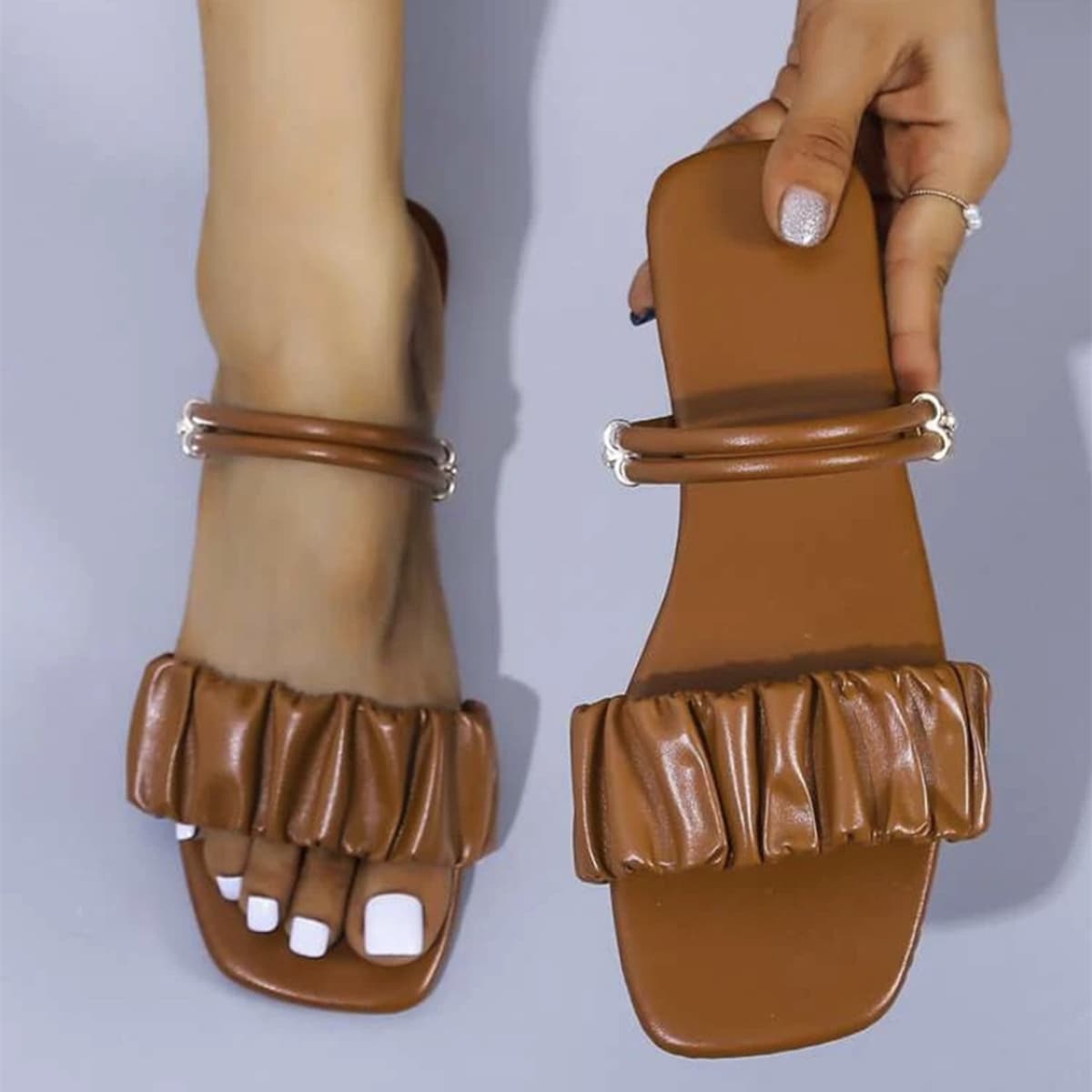 

Ruched Slide Sandals, Brown
