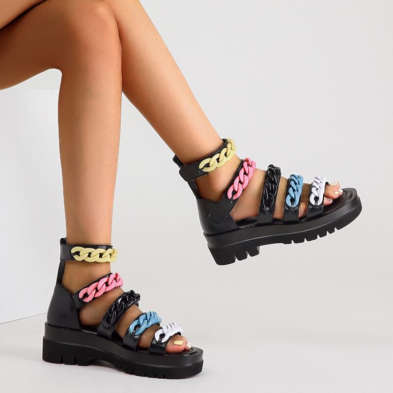 

Chain Decor Ankle Strap Flatform Sandals, Black