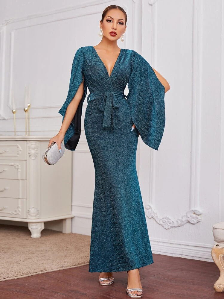 Glitter Split Sleeve Belted Mermaid Dress | SHEIN USA