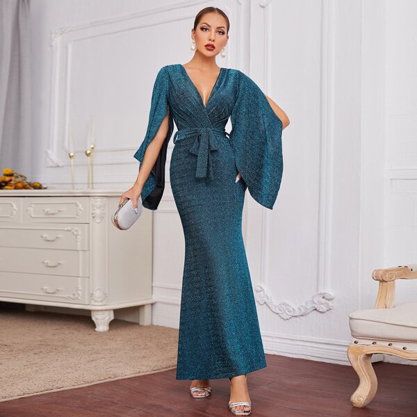 

Glitter Split Sleeve Belted Mermaid Dress, Teal blue