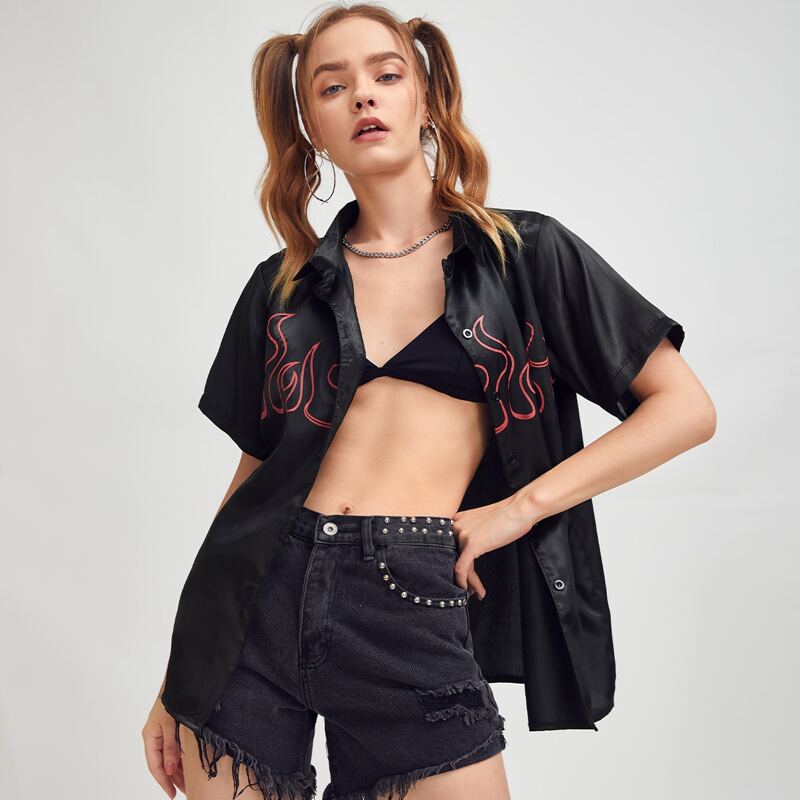

Fire Graphic Button Front Blouse, Black