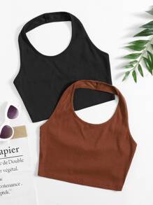 SHEIN EZwear 2 Packs Women Solid Color Halter Top - Multicolor - View 1